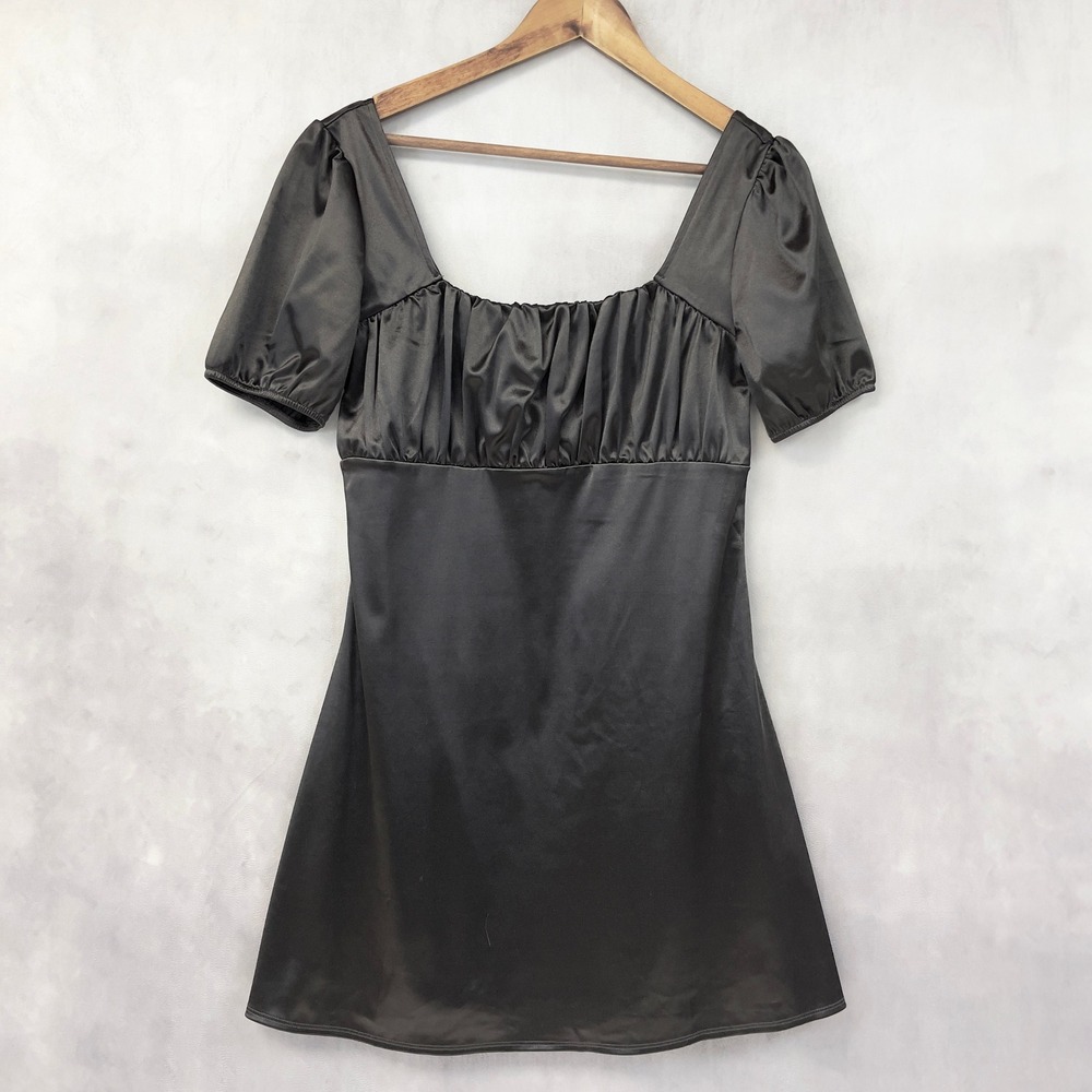 H&M Divided Womens‎ Milkmaid Mini Dress L Satin Puff Sleeve Square Neck Y2K Goth